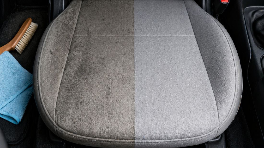 Banco de carro com metade suja e metade higienizada pela Limpou